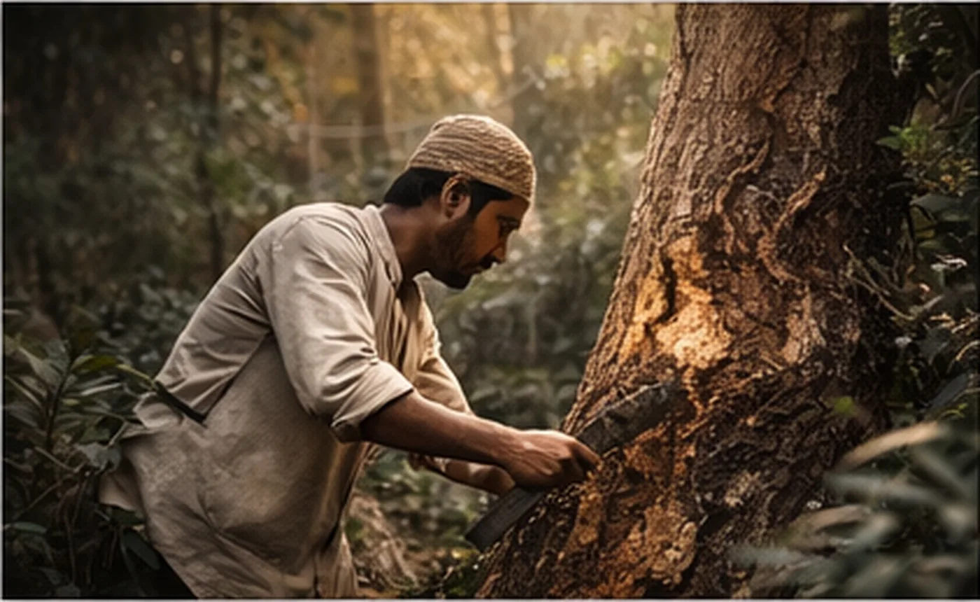 Harvester working on agarwood tree in forest