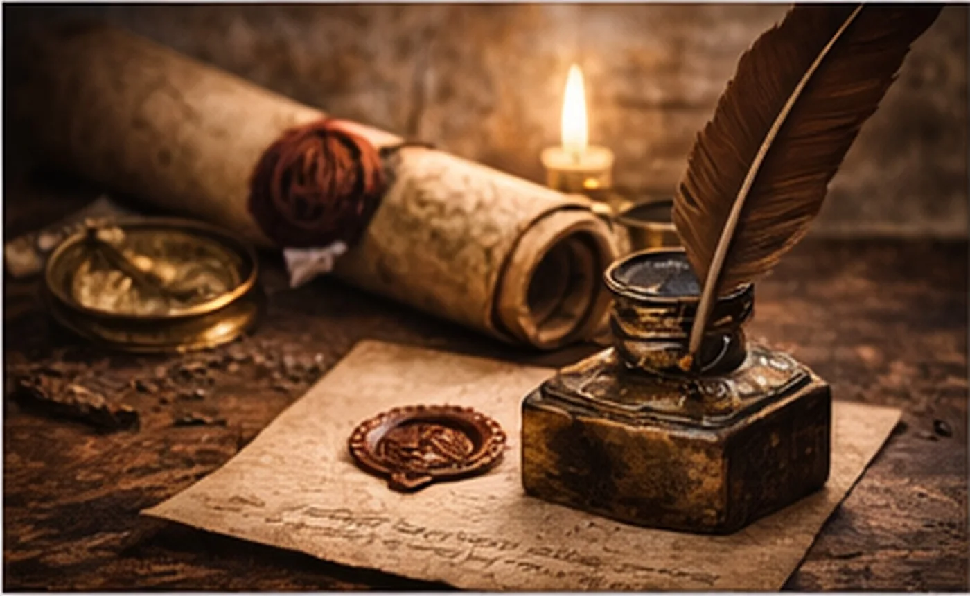 Documents, seal and quill representing legal records